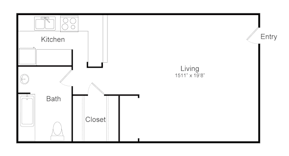 A floor plan of a small apartment with a kitchen, bath, closet, and living room.