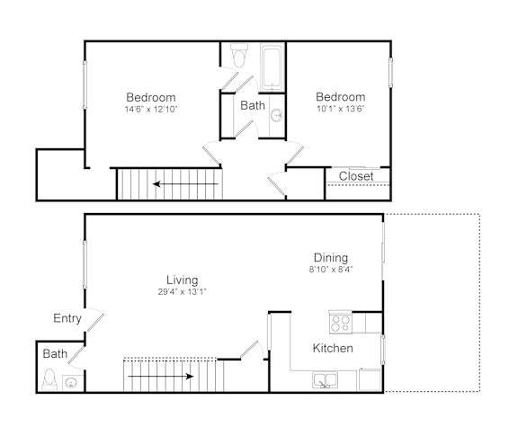A floor plan of a home with two bedrooms, a living room, a dining area, a kitchen, and a bathroom.