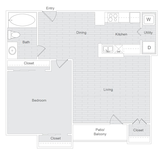 A floor plan of a house with labeled rooms such as Entry, Dining, Kitchen, Bath, Bedroom, Living, Patio/Balcony, and Closet.