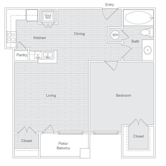 A floor plan of a house with a kitchen, dining room, pantry, living room, bedroom, and bathroom.