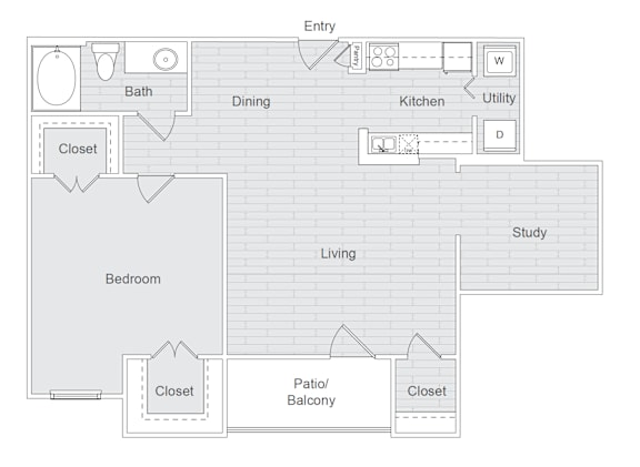 A floor plan of a house with labeled rooms such as Bath, Dining, Kitchen, Bedroom, Study, Living, Patio/Balcony.