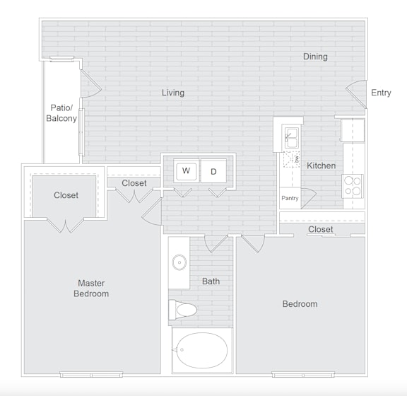 A floor plan of a house with a kitchen, dining area, living room, and two bedrooms.