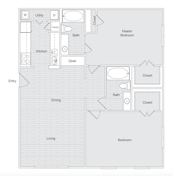 A floor plan of a house with labeled rooms such as kitchen, dining, and bedrooms.