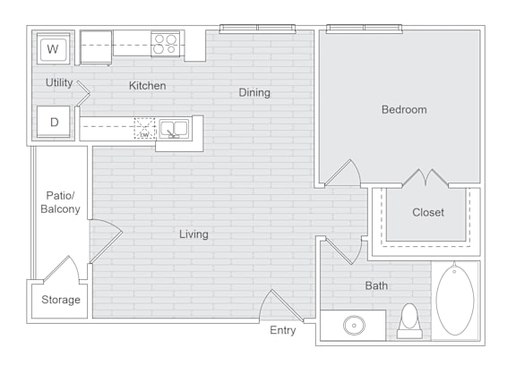 A floor plan of a house with a kitchen, dining room, bedroom, bathroom, and storage.