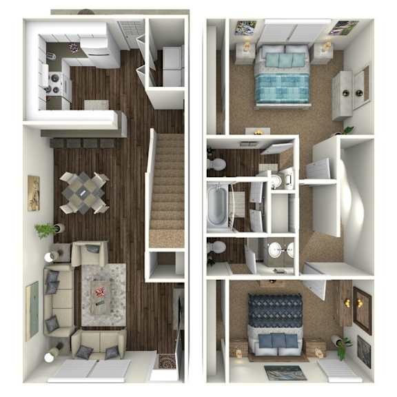 Floor Plan  A 3D floor plan of a small apartment with a living room, kitchen, and bedroom.