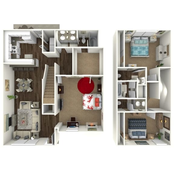 a stylized 3d floor plan of a 2100 sq ft apartment