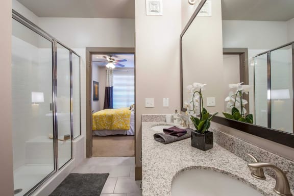 a bathroom with a large shower and a sink