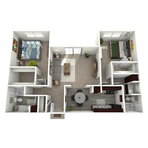 a 2 bedroom floor plan with a bathroom and a living room