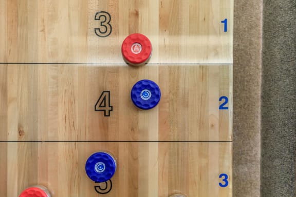 a game of shuffleboard with numbered balls on the table