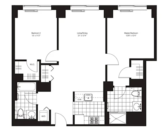 A black and white floor plan of a house with three bedrooms.