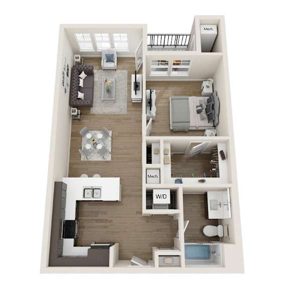 A floor plan of a one bedroom apartment with a living room, kitchen, and bathroom.