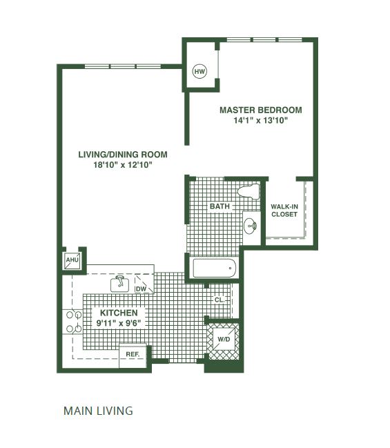 A floor plan of a main living area showing a master bedroom, a living/dining room, a kitchen, and a bathroom.