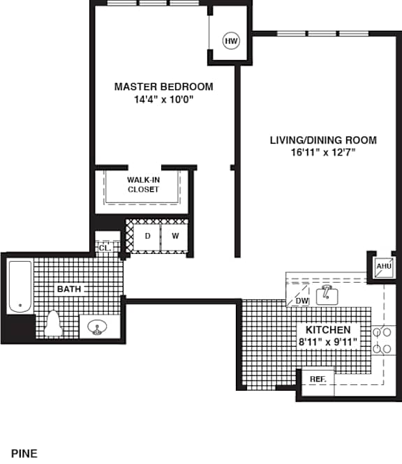 A floor plan of a house with a master bedroom, living/dining room, kitchen, and bathroom.