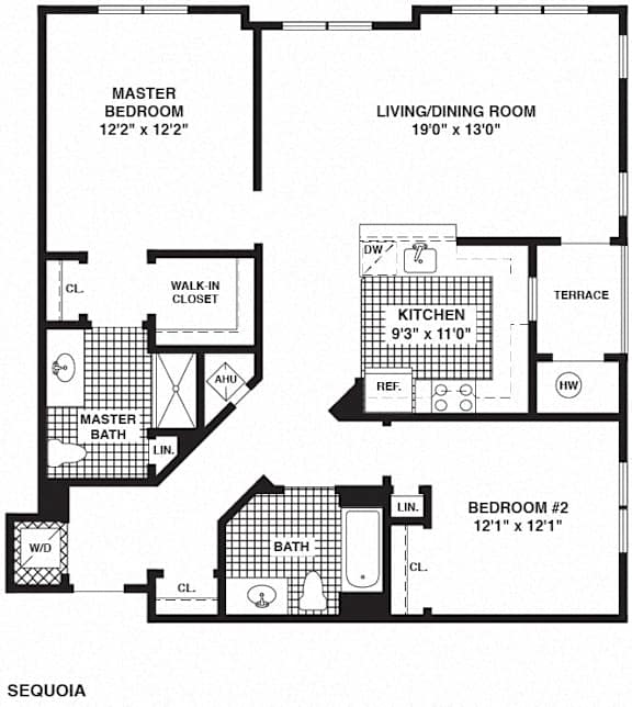 A black and white image of a floor plan for a Sequoia home.
