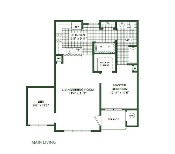 A floor plan of a house with a kitchen, living room, dining room, terrace, and two bedrooms.