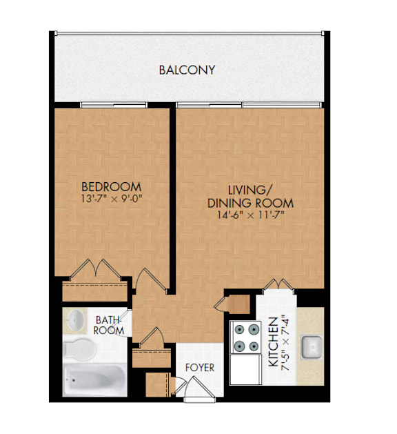 A floor plan of a balcony with a bedroom, living/dining room, kitchen, and bathroom.