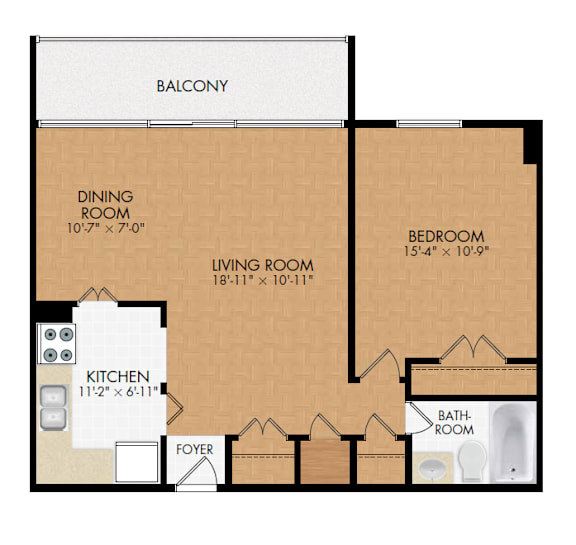 A floor plan of a house with a balcony, dining room, living room, kitchen, foyer, and bathroom.