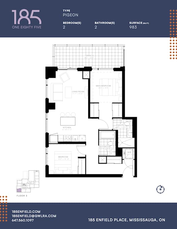 A floor plan for a pigeon type apartment with two bedrooms and two bathrooms.
