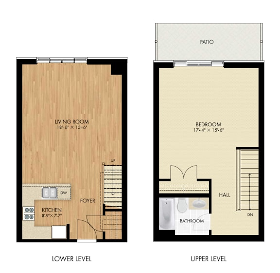 A floor plan shows a living room, kitchen, foyer, bathroom, bedroom, and hallway.