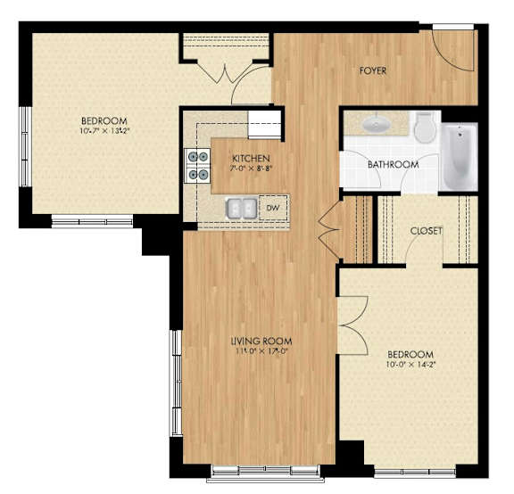 A floor plan of a house with a living room, two bedrooms, a kitchen, a bathroom, and a foyer.