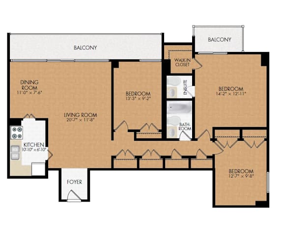 A floor plan of a house with a balcony, two bedrooms, a living room, a dining room, a kitchen, a foyer, and a bathroom.