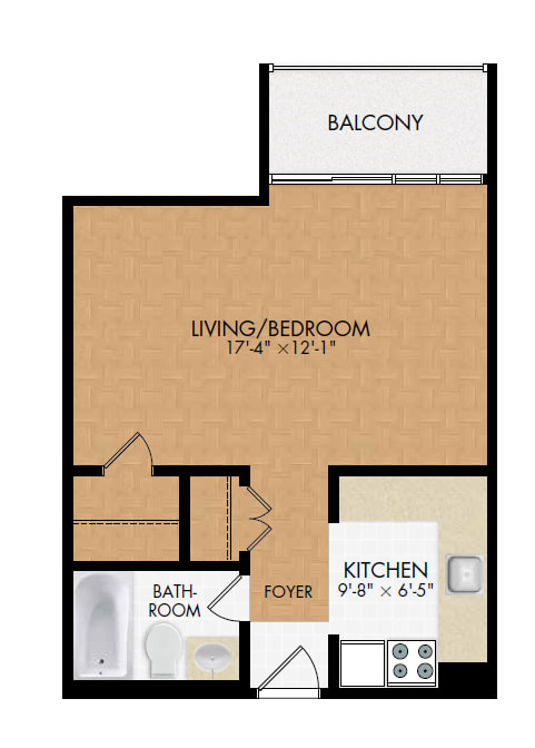 A floor plan of a home with a living room, kitchen, bathroom, and foyer.