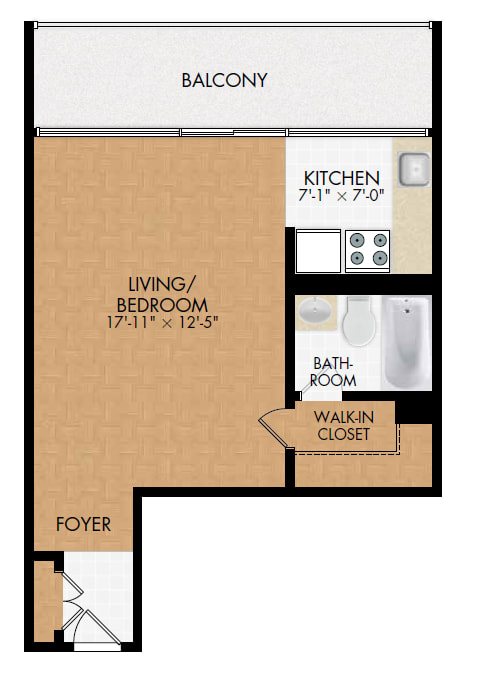 A floor plan of a balcony with a kitchen, living/bedroom, bathroom, and foyer.