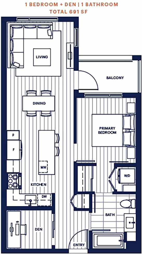 1 bed and den 1 bath 691sf