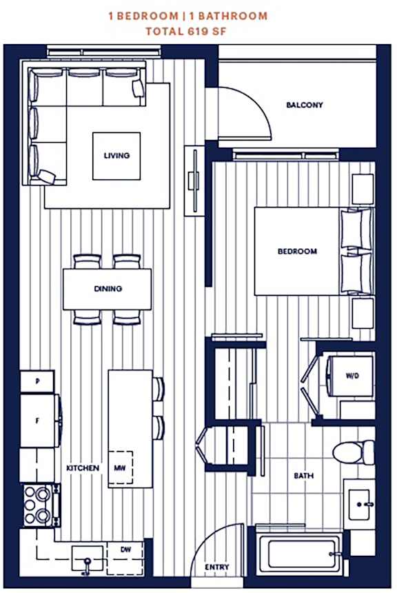 1 bed 1 bath 619sf