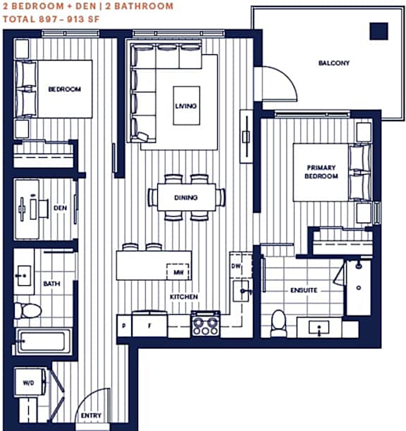 2 bed and den 2 bath 897-913sf