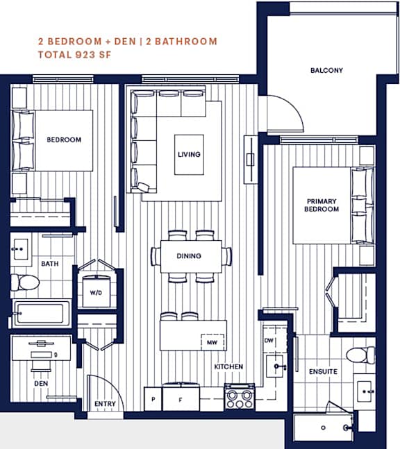 2 bed and den 2 bath 923sf