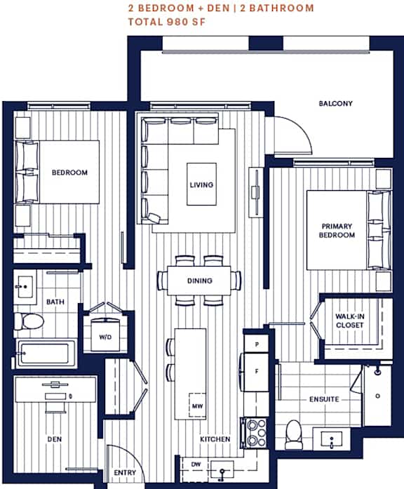 2 bed and den 2 bath 980sf