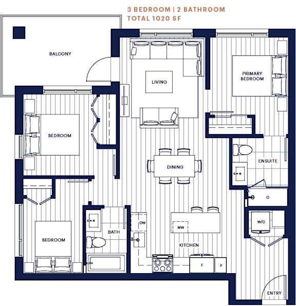 3 bed 2 bath 1020sf