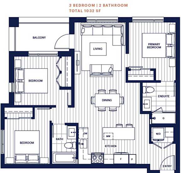 3 bed 2 bath 1032sf