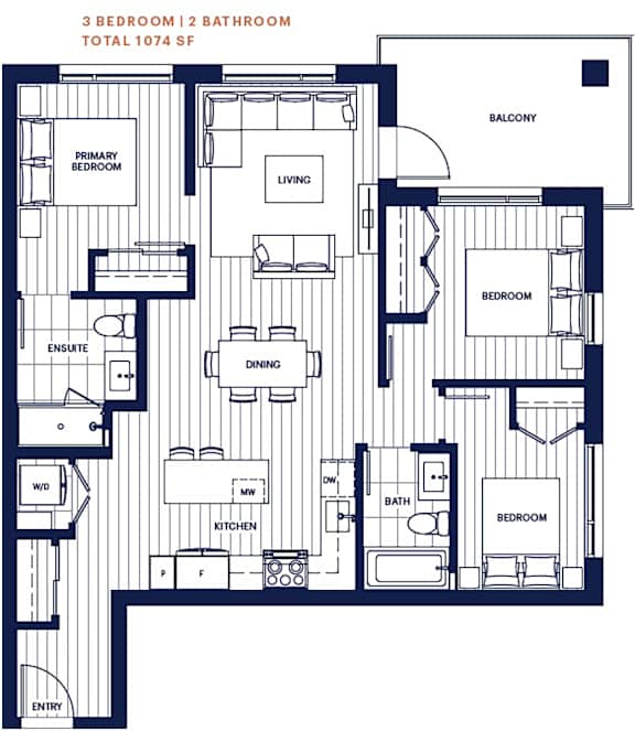 3 bed 2 bath 1074sf