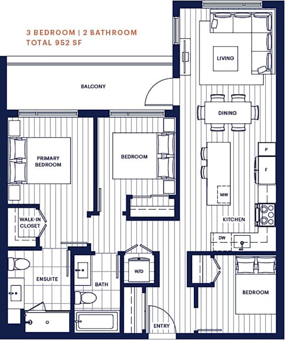 3 bed 2 bath 952sf