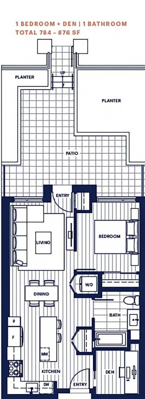 A floor plan of a one bedroom apartment with den and bathroom.