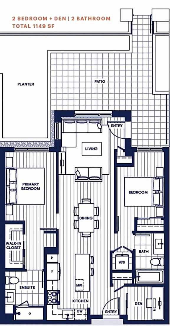 A floor plan of a 2 bedroom, den, and 2 bathroom apartment.