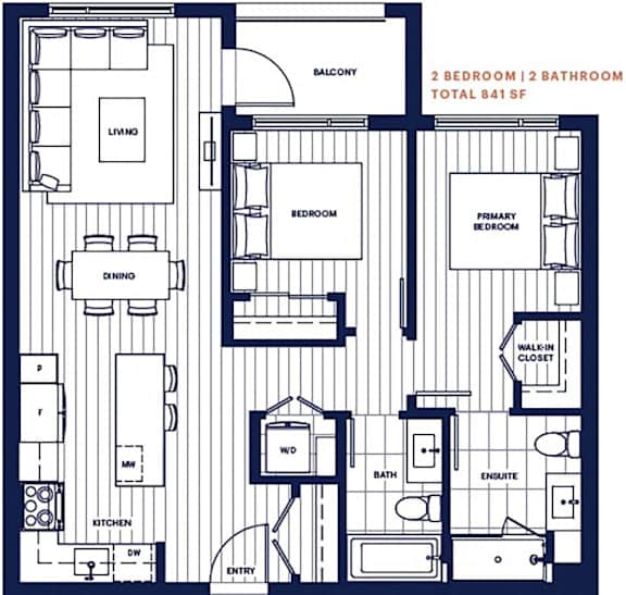 A blueprint of a 2 bedroom, 2 bathroom apartment with a balcony.