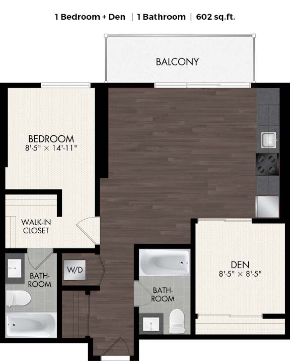 A floor plan of a one bedroom apartment with den and bathroom.