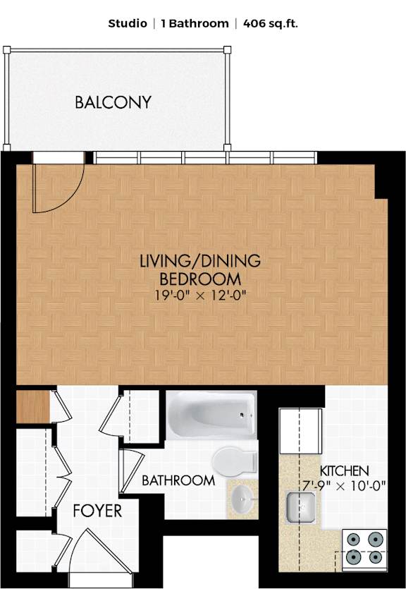 A floor plan of a studio apartment with a living/dining bedroom, bathroom, kitchen, and foyer.