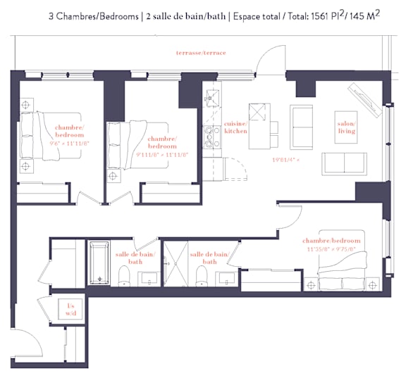 A floor plan of a 2-bedroom apartment with a total area of 156 square meters.