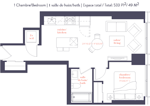 A floor plan of a one bedroom apartment with a kitchen and living room.