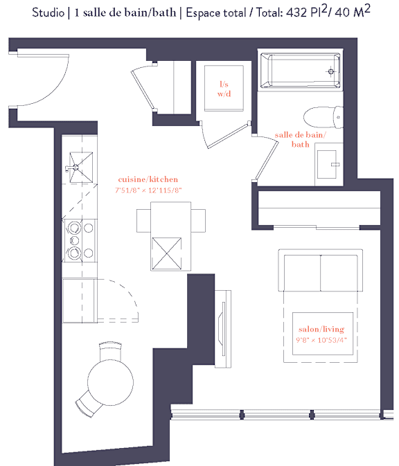 A floor plan of a studio apartment with a kitchen, bathroom, and living room.