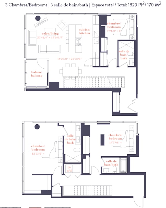 A floor plan of a house with 3 bedrooms, 3 bathrooms, and a total space of 1829 square feet.