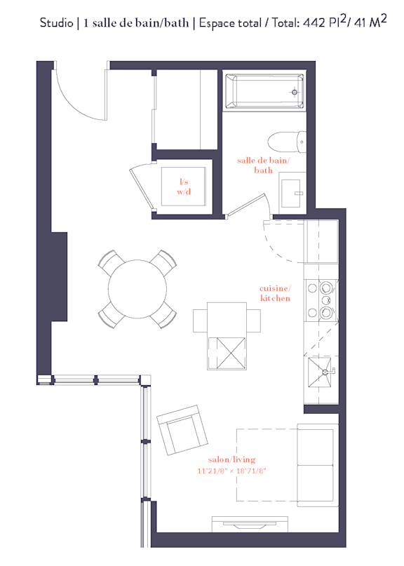 A floor plan of a studio apartment with a living room, kitchen, and bathroom.