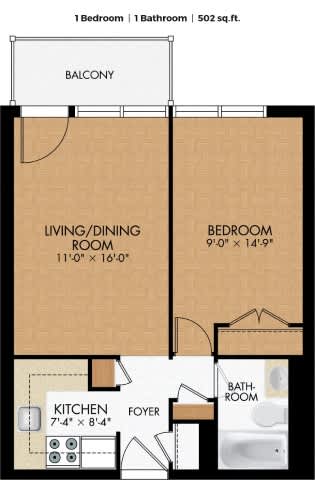 A floor plan of a one bedroom apartment with a balcony, living/dining room, bedroom, bathroom, kitchen, and foyer.