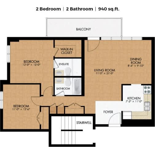 A floor plan of a 2 bedroom, 2 bathroom apartment sized 940 sq.ft.