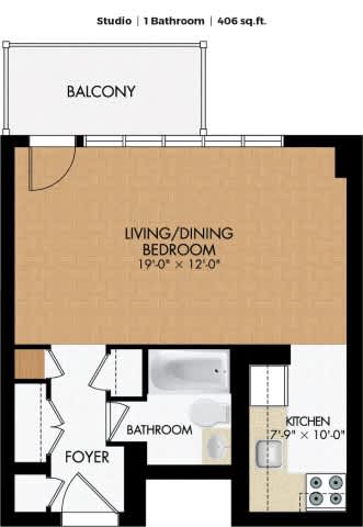 A floor plan of a studio apartment with a living/dining bedroom, a bathroom, a kitchen, and a foyer.