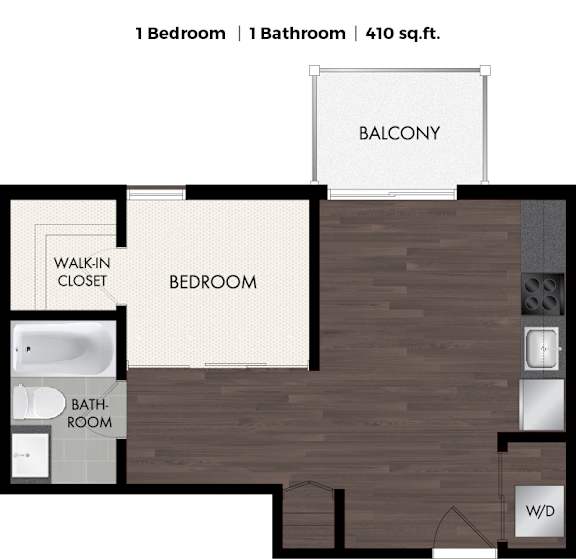 A floor plan of a one bedroom apartment with a bathroom and balcony.